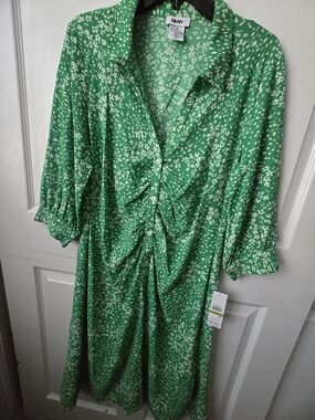 DKNY Green Printed Button-Front Midi Dress